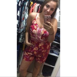 Pink Rose Red Floral Romper w/ Pockets